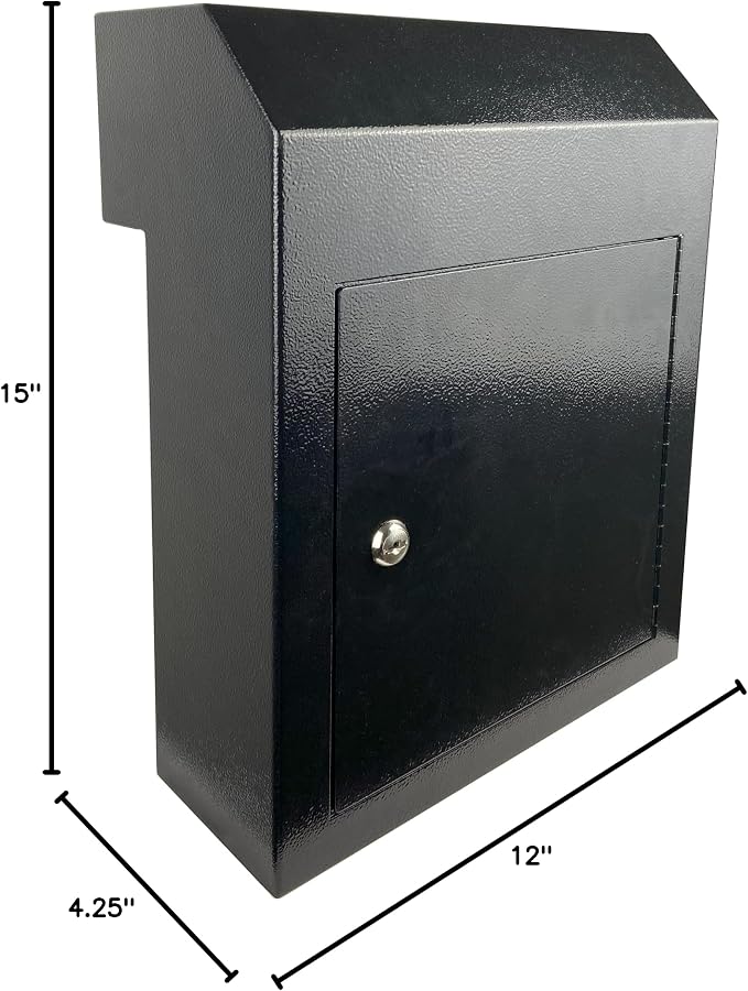 Locking Mailbox Drop Box with Rain Cover, Heavy-Duty Galvanized Steel, Door Mounted Secure Mailbox for Keys, Cash, Checks, Deposits & Letters – Safe Mail Drop Box for Home/Office, Dark Gray