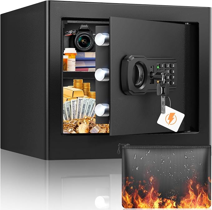 9.84"H Small Safe Box for Money | 1.2 cuft Security Safe with Fireproof Bag | Electronic Digital Safes with Combination Lock and Removable Shelf | Personal Money Safe for Home Cash Medicine Documents