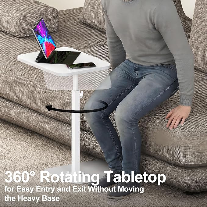 Side Table Sofa Tray for Couch Heavy Metal Base Swivel/Adjustable Height | Sofa Bed Bathroom Study TV Tray C Shaped End Table Food Snack Trays for Eating
