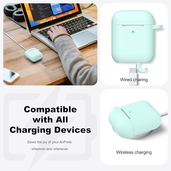 R-fun for AirPods 1/2 Case, Soft Silicone Protective Cover with Keychain and Cleaning Pen, Compatible with AirPods 2nd/1st Generation (2016/2019), Full Drop Protection Cover, Turquoise