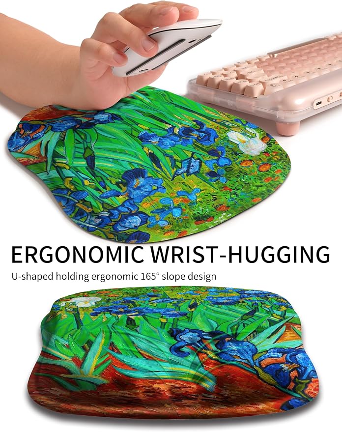 Hokafenle Ergonomic Wrist-Hugging Mouse Pad Wrist Support, U-Shaped Holding Wrist Rest Mousepad for Carpal Tunnel Pain Relief with Cushioned Memory Foam Slope Massage Bulge (10.2x8.3 in,Iris Flower)