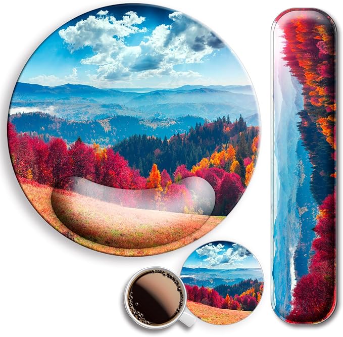 Mouse Pad and Keyboard Wrist Rest Support,Ergonomic Mouse Pad Set | Mousepad With Coaster and Non-Slip PU Base,Pain Relief for Desk Desktop Gaming, Computer,Office -Beach
