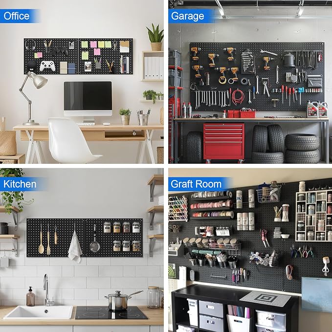Peg Board, 2 Pack Metal Pegboard Panels Black Pegboards Wall Organizer with Frame Large Heavy Duty Peg Board with Hooks for Walls Home,Garage Tool Storage,Office Organization,Kitchen 24”×16”