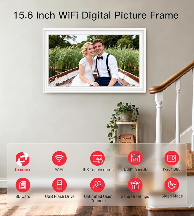 64GB Frameo 15.6" Digital Picture Frame Large 1920 x 1080 IPS FHD Touch Screen WiFi Electronic Photo Frames Share Moments Instantly Anywhere Best Gifts for Parents and Grandparents White
