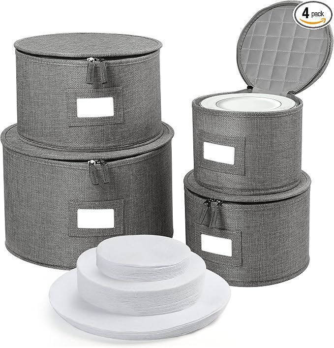 LotFancy China Storage Containers, Hard Shell, 4PCS Set, Dish Saucer Plate Storage Box for Moving, Stackable Dinnerware Organizer Bins with 48 Felt Dividers, Grey