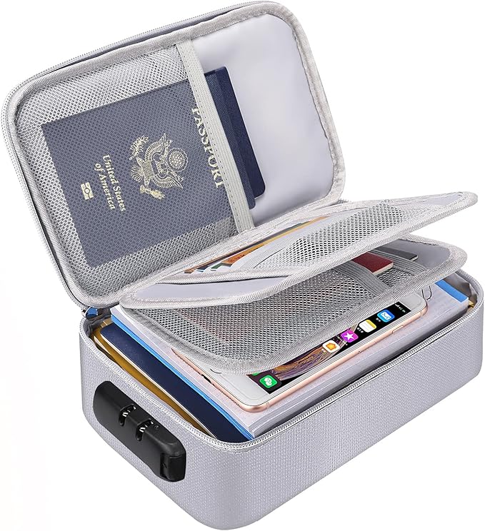 ENGPOW Small Fireproof Storage Organizer Case with Lock, 9”x 5.3”x 3.7” | Money Safe Wallet Carrying Bag with Multi-Pocket,Portable Home Travel for Cash,Card,Passport,Coin,Check,Bill,Soft Box,Silver