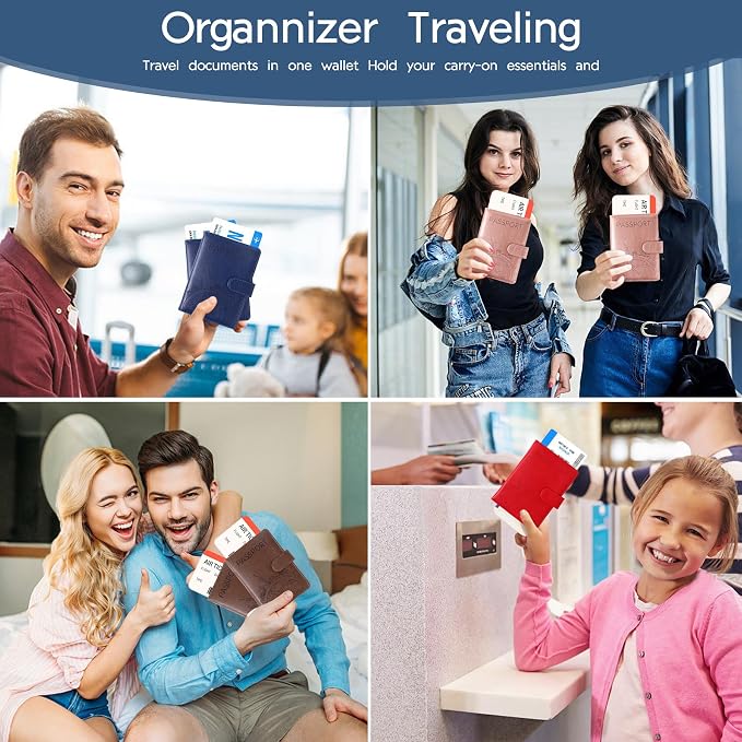 Passport Holder and Card Slot Combo RFID Blocking Leather Family Travel Passport Wallet Travel Accessories for Men Women US Passport Cover Protector (Travel blue)