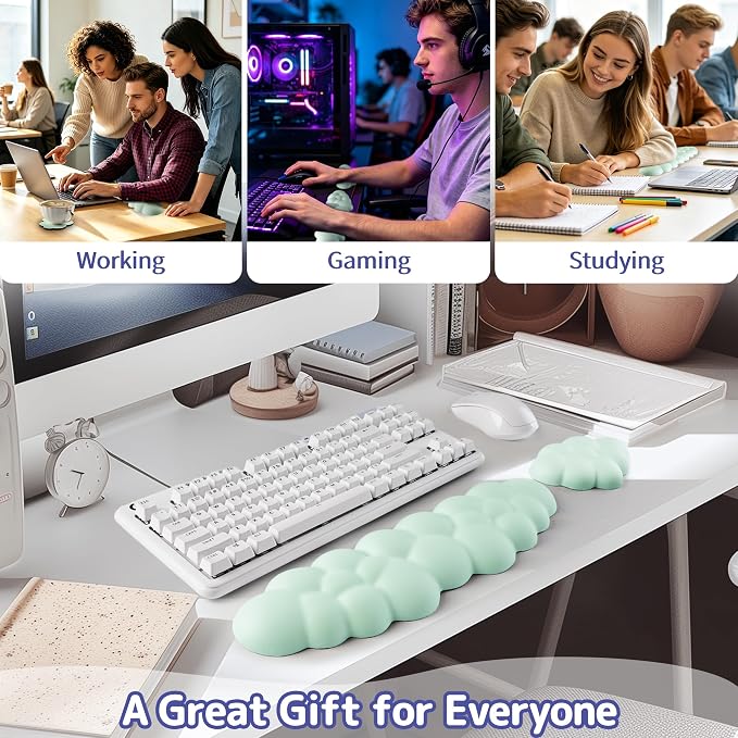 Cloud Wrist Rest Keyboard, Cloud Keyboard Wrist Pad Set with PU Leather Memory Foam, Cute Arm Rest for Palm Support, PC/Gaming Desk Accessories/Office Setup/Computer Hand Cushion - Light Green