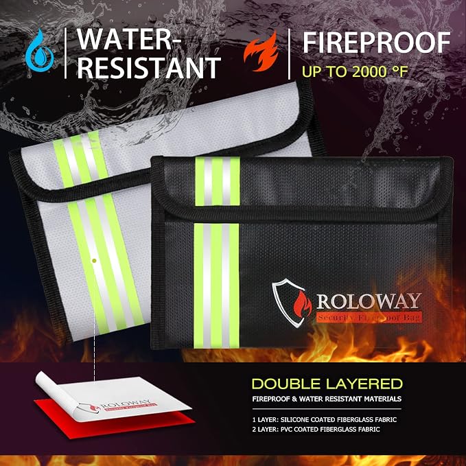 Small Fireproof Bag (5 x 8 inches) with Reflective Strip, Fireproof Money Bag for Cash, Valuables, Passport, Currency & Keys (2-Pack)