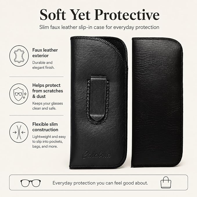 Calabria Slim Eye Glasses Case w/Clip Soft PU Leather Black Men Women Eyeglasses Pouch Slip-In Eyewear Holder Sunglass Bag - 12PACK