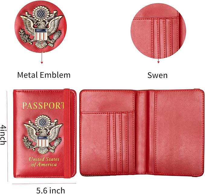 Passport Holder Cover and Card Case Slot Combo RFID Blocking Leather Travel Passport Wallet for Men and Women US Passport Protector Document Organizer,Bright Red