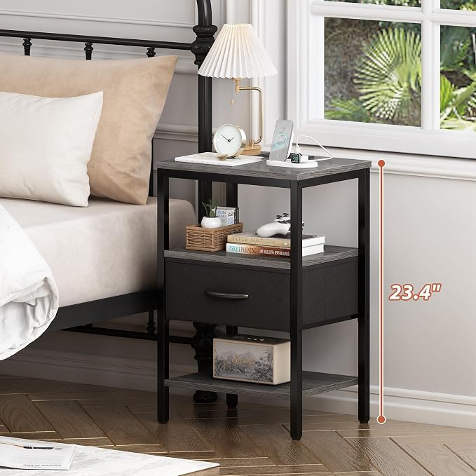 SUPERJARE Nightstand Set of 2 with Charging Station, USB-C Port, End Tables | Night Stand for Bedroom, with Adjustable Fabric Drawer, 3-Tier Storage Bedside Tables for Living Room, Charcoal Gray