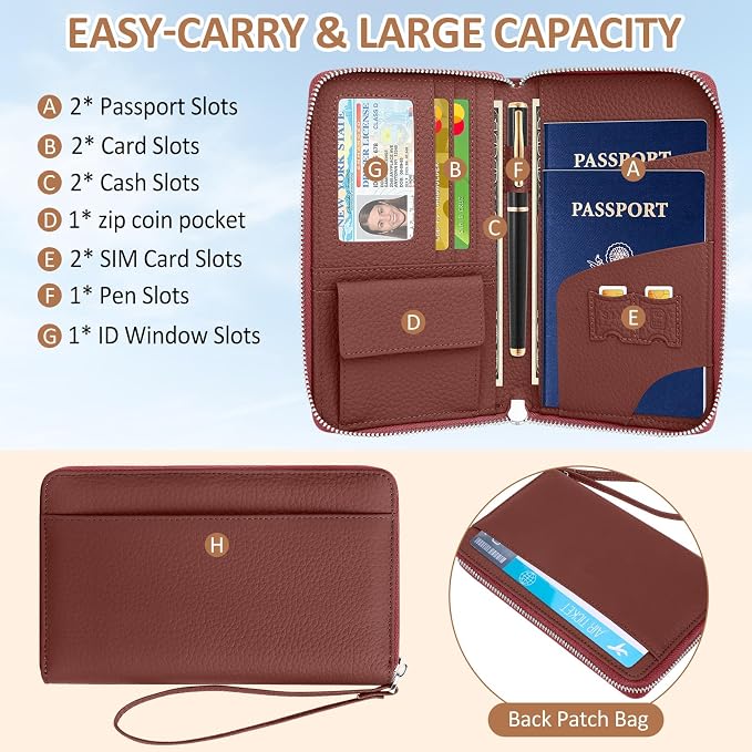 RFID Passport Holder for Travel Family with Coin Pocket, Brick Red | Leather Passport Cover for 2, Travel Document Organizer with Wrist Strap & 24 Card Slots, for Women Men