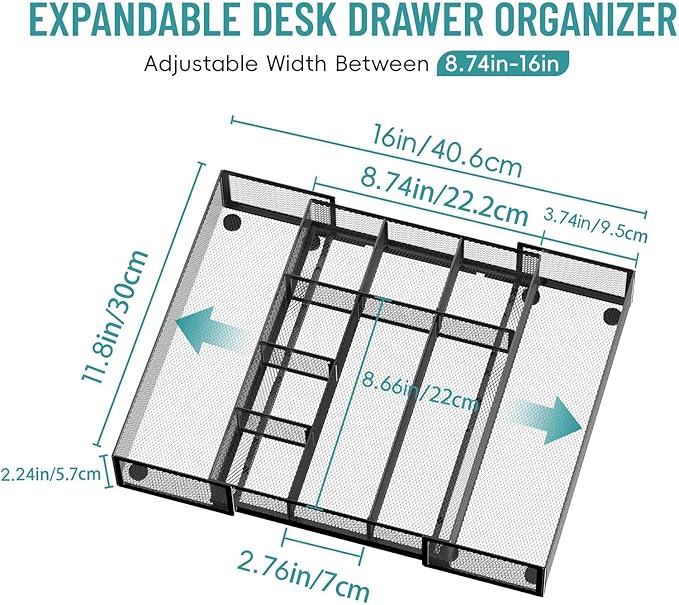 Expandable Desk Drawer Organizer Tray with 10 Adjustable Compartments, Metal Mesh Office Drawer Organizer, Versatile Desk Organizer for Home, School Supplies, Makeup Vanity & Jewelry (Black)
