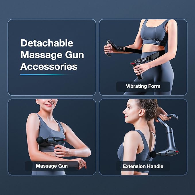 3-in-1 Massage Gun Extended Handle & Belt with 12 Speed Levels & 4 Replaceable Heads for Athletes, Gym Recovery and Seniors Back Pain |Back Massage Belt & Extended Handle Deep Tissue Massage