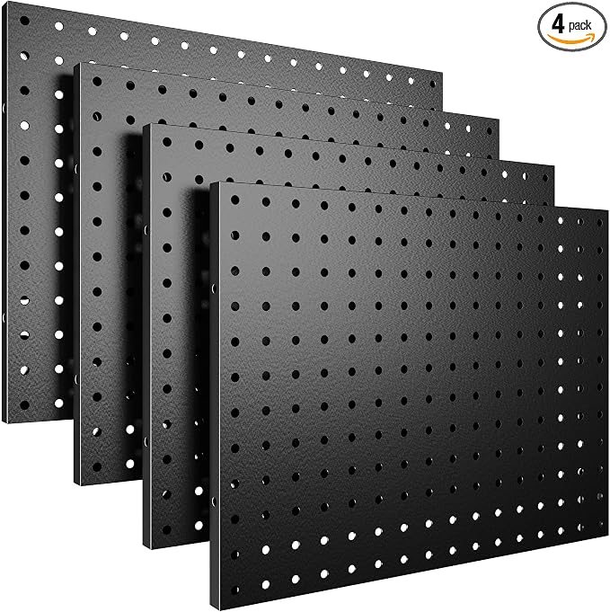 Spampur Peg Board, 4 Pack Metal Pegboard Panels Black Boards Wall Organizer | Tools Pegboard Storage System for Workbench, Garage Tool Storage, Office Organization, Wall Home, Craft Room