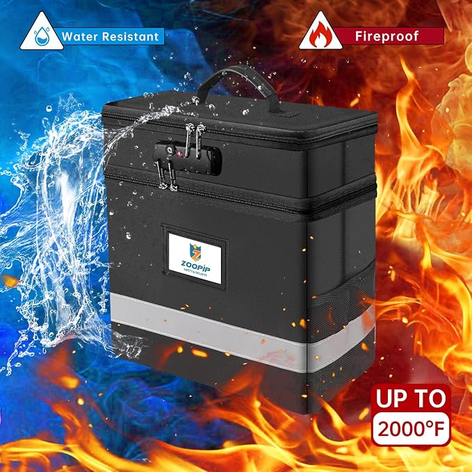 Fireproof File Box with Lock, 2 Layer Document Box Storage Organizer, Suitable for Hanging File Folders in Letter Size, Collapsible File Box, Reflective Strip for Fast Find (12.2*6*12.2, Black) | Suitable for Hanging Folders in Letter Size, Reflective ...