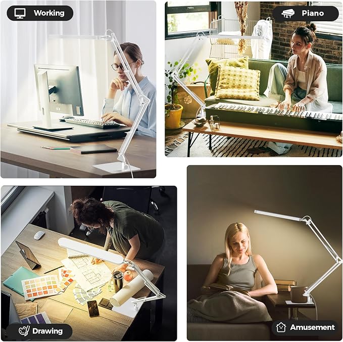 LED Desk Lamp with Slim Base - Adjustable Swing Arm Desk Light, Dimmable, Timer, Eye Protection, Memory Function, 1300LM, 12W, White