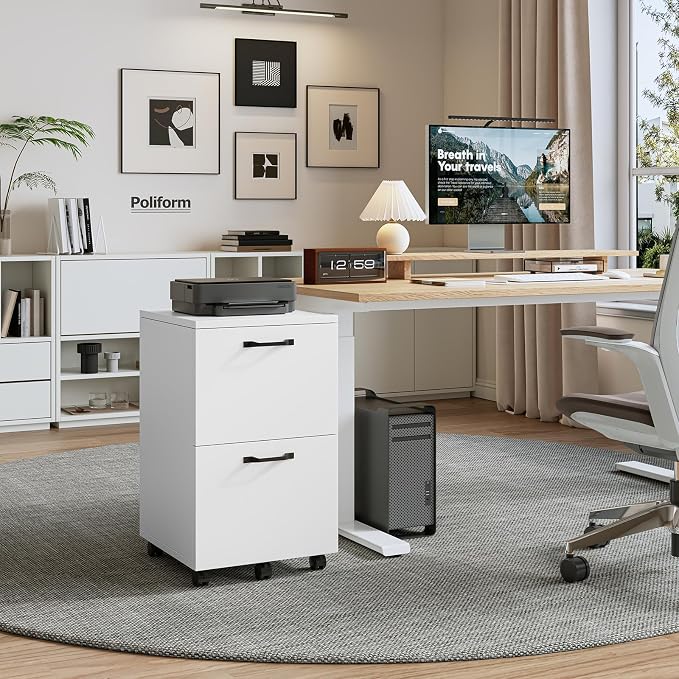 OLIXIS 2 Drawer File Cabinet, Printer Stand with Storage Cabinet | Wood Under Desk Storage Organization Holds Printer, Office Supplies, Not For Hanging Files, Fit Home Office White