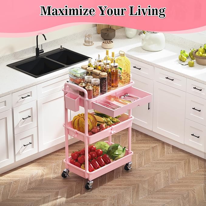 SUNALLY 3 Tier Rolling Cart with Drawer, Craft Storage Cart Organizer, Pink | Bathroom Storage Organizer with 2 Lockable Wheels, Rolling Utility Cart for Kitchen, Office, Baby, Makeup, Nail,Snack,Laundry