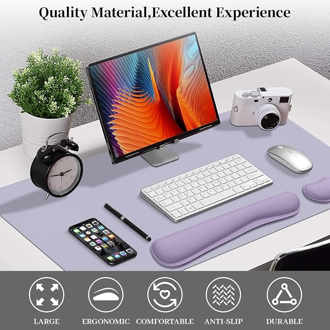 Keyboard and Mouse Pad, 3-in-1 Desk Mat Set Keyboard Wrist Rest | 31.5" x 15.7" Desk Mat, Ergonomic Wrist Rest for Computer Keyboard, Non-slip Base, Waterproof Computer Mat, Lavender