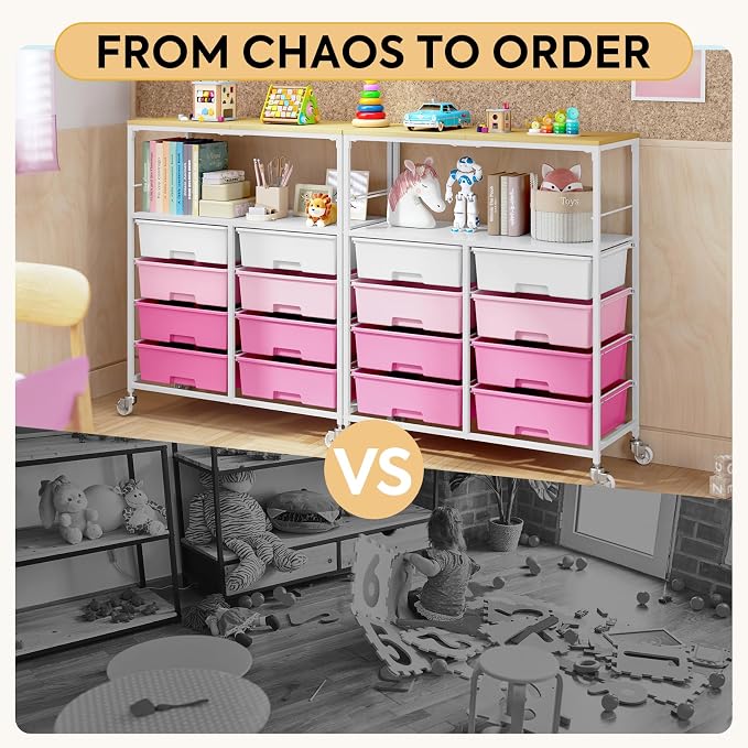 Rolling Storage Cart with 8 Large Drawers, Wooden Tabletop | Open Storage Shelves, Mobile Craft Organizer with Lockable Wheels for Home, Classroom, Office Supplies & Art Studio,Pink