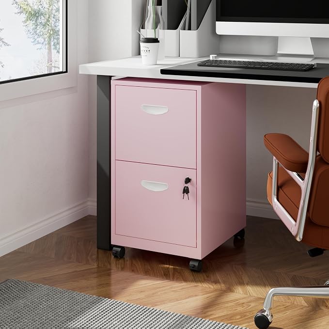 Polup 2 Drawer Rolling File Cabinet with Lock for Home Office | Metal Mobile Filing Cabinet on Wheels, Small Under Desk Storage, Fits Hanging Letter Size, Printer Stand, Pink