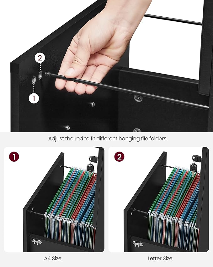 VASAGLE 2-Drawer File Cabinet, Locking Filing Cabinet for Home Office, Small Rolling Printer Stand, A4, Letter-Size Hanging Files, Assembly Required, Black ULCD027T16V2