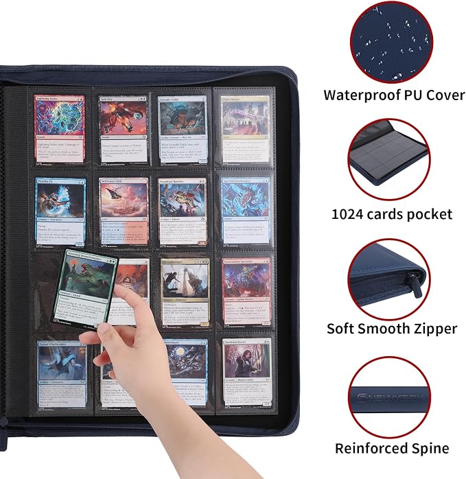 Snekdy premium 1024-pocket trading card binder, 16-pocket cards album, waterproof PU-leather Cover album with side loading, holds gaming, baseball, basketball & sports cards (Blue)