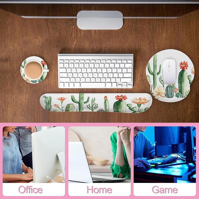 Cactus Succulent Greenery Flower Keyboard Wrist Rest Pad and Mouse Pad Wrist Support Set,3-in-1 Ergonomic Mouse Pad with Non-Slip Rubber Base for Home Office Game Computers Desk,