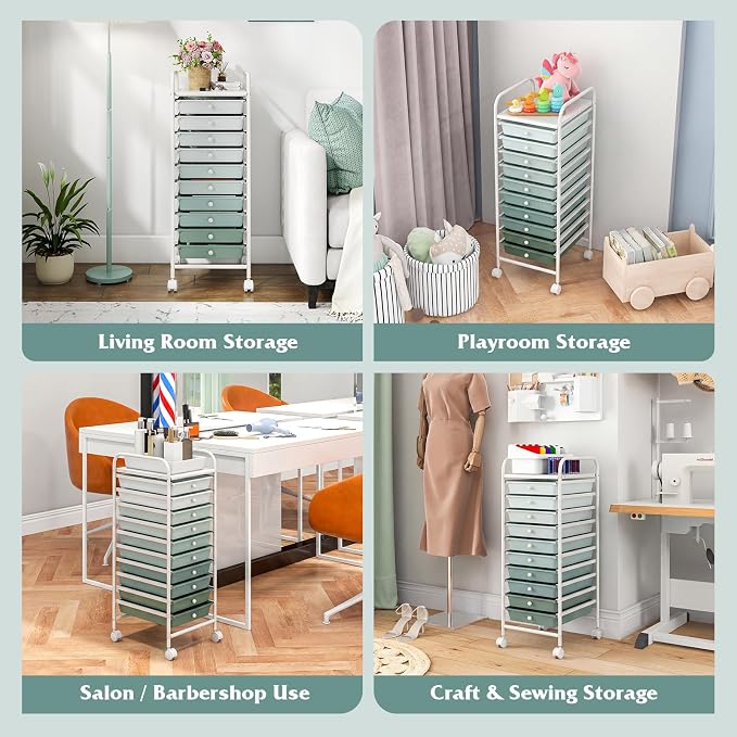 Storage Cart, Rolling Utility Cart with 10 Drawers, Portable Handles & Lockable Wheels, Mobile Paper Toys Storage Organizer Large Capacity for Home Office School Teacher (Gradient Green)
