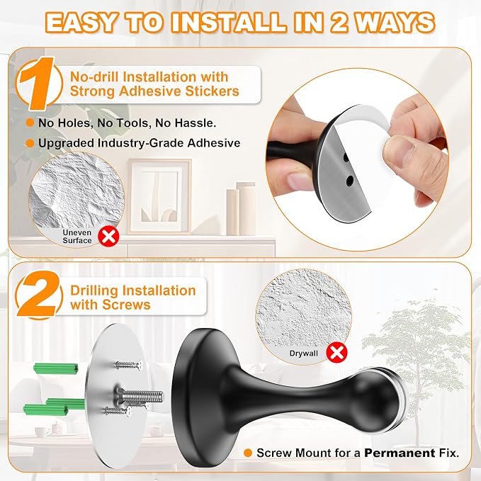 Crosize Magnetic Door Stoppers 1 Pack, Stainless Steel Door Stops for Wall and Floor Mounting, Gate Stops, No Drilling Metal Doorstops with Adhesive Tapes, Black