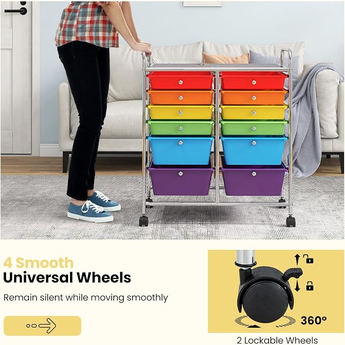 BECOMFORT 12-Drawer Rolling Cart with Drawers, Storage Cart on Wheels, Teacher Classroom Organizers with Metal Frame, Mobile Craft Cart, Trolley Utility Cart for School Office Play Room