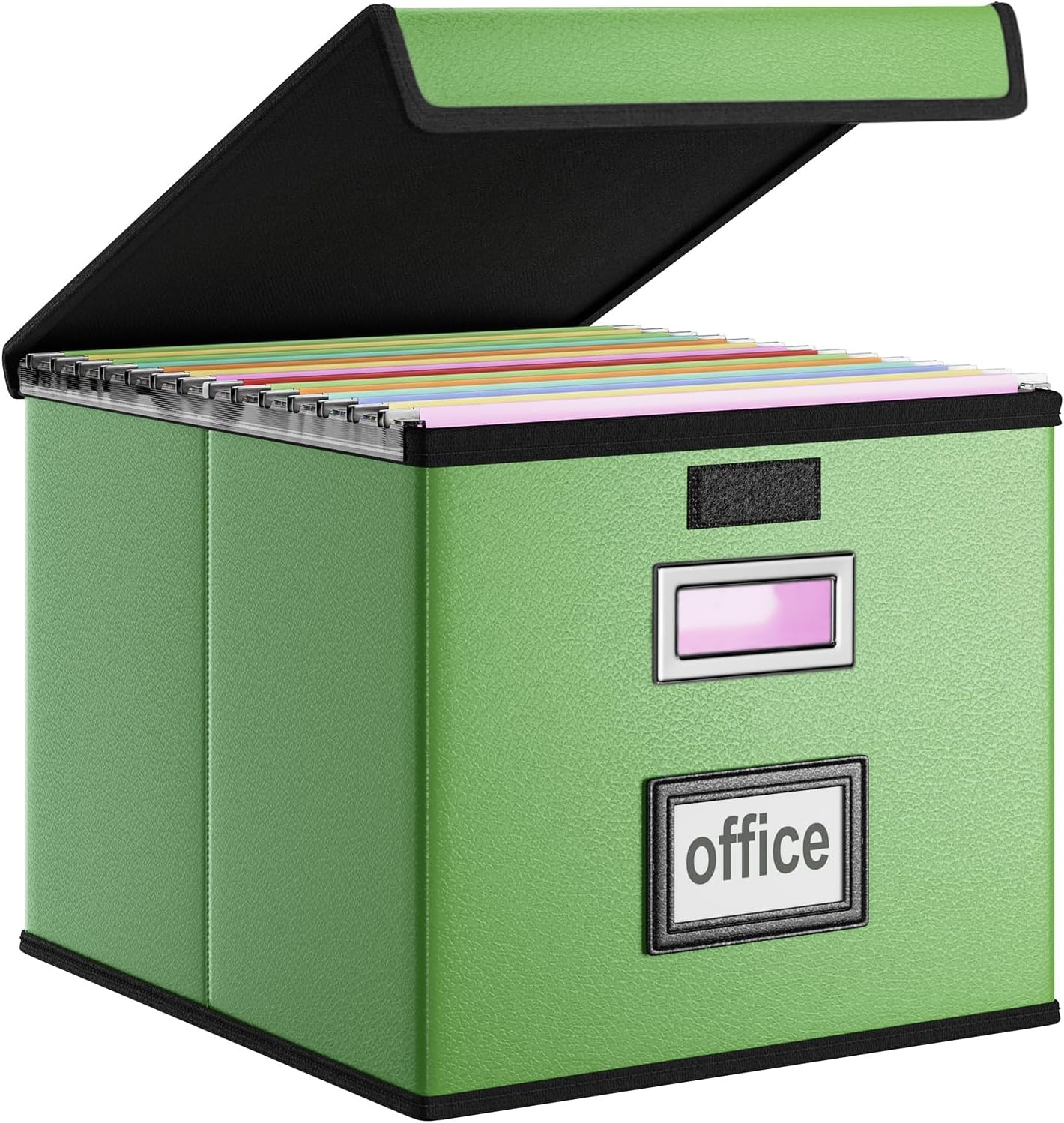 Huolewa File Organizer Box with Lid, Collapsible Faux Leather Document Organizer, Hanging File Folder Box with Plastic Slide, Decorative Filing Boxes Cabinet for File and Folders Storage(Green)