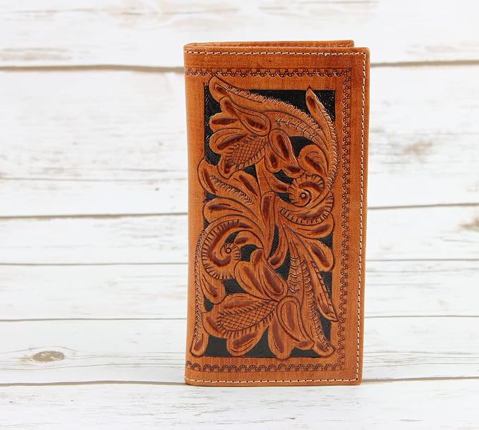 American Bison Arrigo Floral Design RFID Rodeo Wallet for Men – Hand-Tooled Cowhide Leather Wallet with Gift Box (Light Brown)