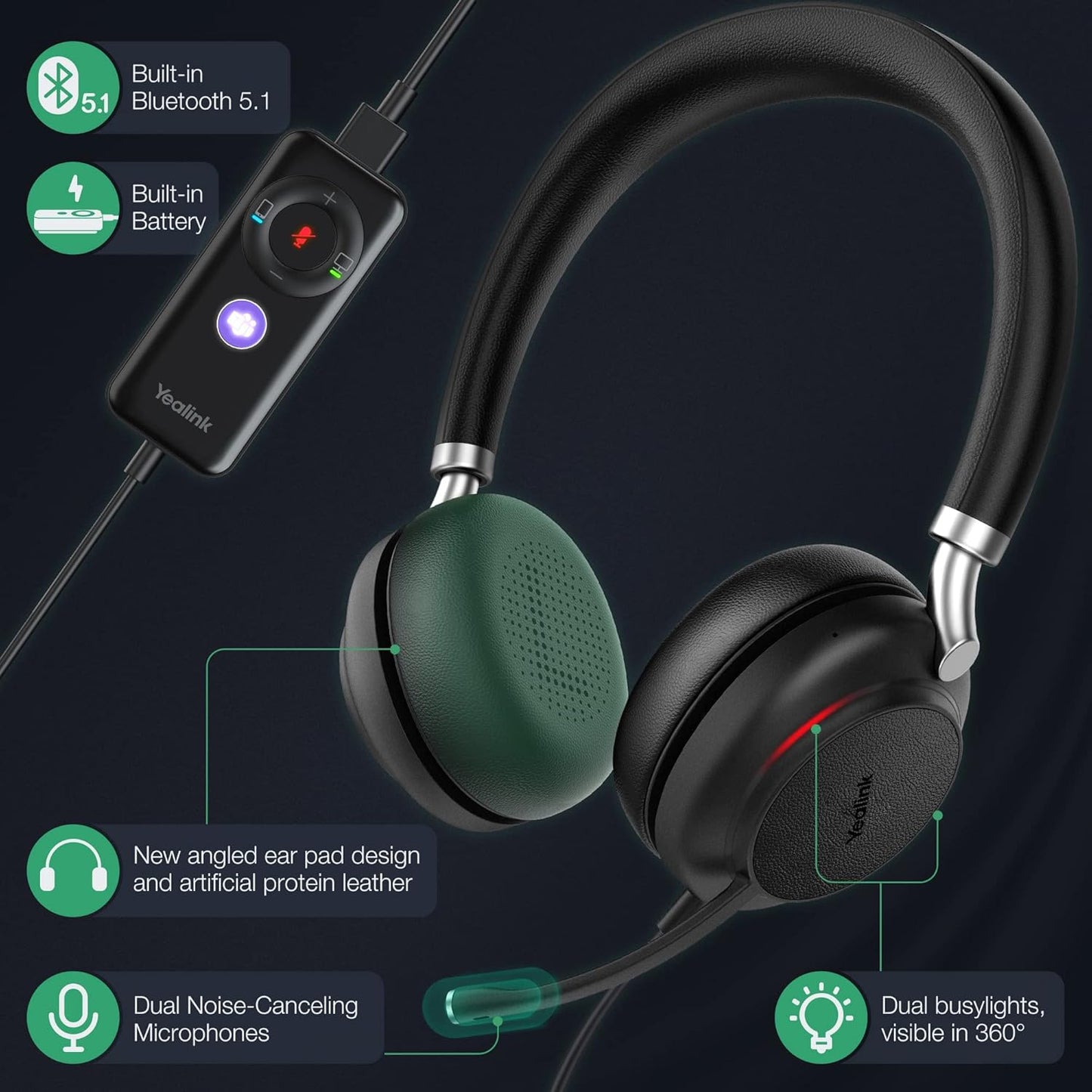 Yealink UH38 Bluetooth USB Wired Headset, Work Headset with Noise Cancelling Microphone, Teams Certified, Comfort Fit, Dual Connect for PC Computer & Mobile Devices, Dual Busylight