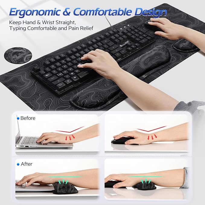 Gimars 4 in 1 Mouse Pad and Keyboard Wrist Rest Set, Large Mouse Pad with Memory Foam Wrist Support Pad for Desk with Coaster, Easy Typing Pain Relief, Gaming Office Home 31.5x12 in, Topographic Map