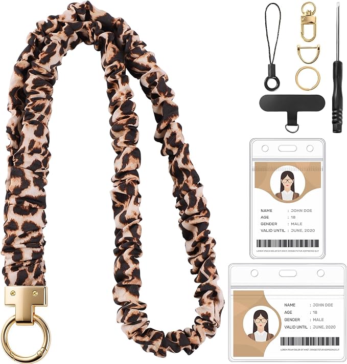 Scrunchie Lanyard for ID Badges & Keychain, Teacher Lanyards Leopard Print | Stretchy lanyard, retractable card access, 2 waterproof holders, phone tab and metal clip, soft for daily wear