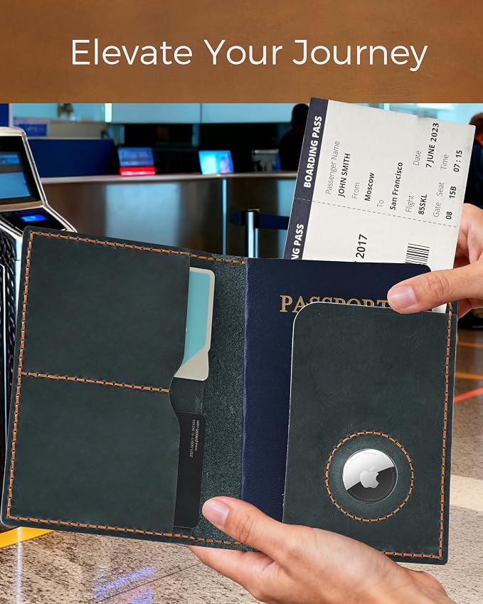 Passport Holder for Travel, Genuine Leather Passport Wallet Cover Case with Airtag Slot, RFID Blocking, for Women Men, Travel Essentials Gift, Blue