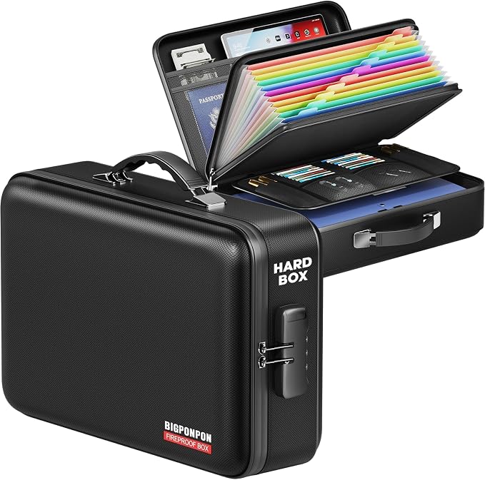 Fireproof Document Box, Hard Case Highly Flame-Resistant Fire Proof Waterproof File Organizer with Lock, Portable Fire Safe for Important Documents & Valuables Storage (Black, ‎16"*12"*5")