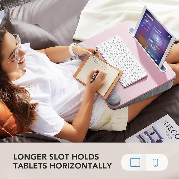 HUANUO Laptop Lap Desk - Portable Lap Desk with Pillow Cushion, Fits up to 15.6 inch Laptop, with Anti-Slip Strip & Storage Function for Home Office Students Use as Computer Laptop Stand - Pink