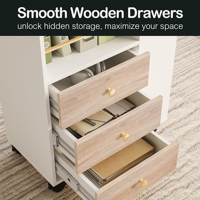 Mobile File Cabinet Under Desk with 3 Drawer, Lockable Wheels | Rolling Filing Cabinet, Utility Cart with Open Storage Shelves Home Office Fits A4/Legal, 19.7" x 11.8" x 26.3", Light Walnut