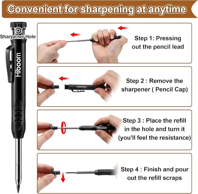 Hiboom 3 Pack Carpenter Pencil with 24 Refills Built In Sharpener,Black | Concrete Wood Metal, Deep Marking, Multi-Color Refills, 2.8mm Lead, Construction Work, Waterproof, Carpenter Builder DIY