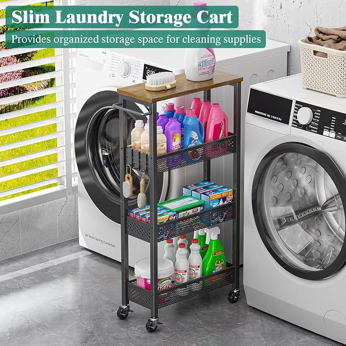Slim Rolling Storage Cart 4 Tier Bathroom Organizer Mobile Shelving Unit Utility Cart with Wood Top and Handle for Kitchen Laundry Narrow Places, Black