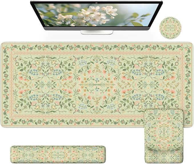 iCasso Mouse Pad with Wrist Rest, Large Desk Mat Set, Bean Green | Ergonomic Keyboard Pad with Wrist Support, Non-Slip Mouse Mat for Women, Cute Floral Computer Mat for Home Office Gaming