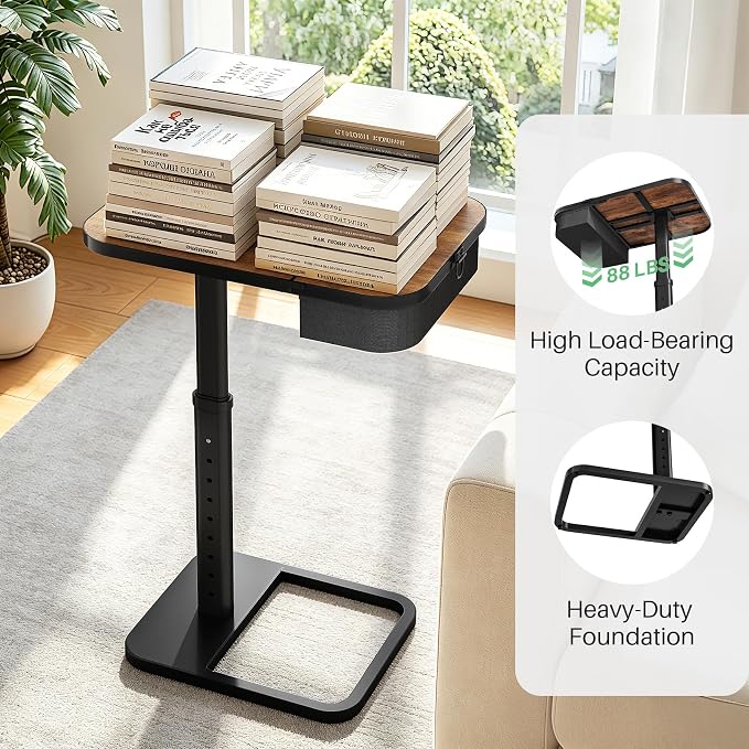 Kitstorack Large TV Tray Table with Flip-Top Storage, Adjustable Height | 18.9" x 14.2" desktop, metal frame, Oxford fabric basket, 9 height settings, C-shaped base, sofa, bed, living room