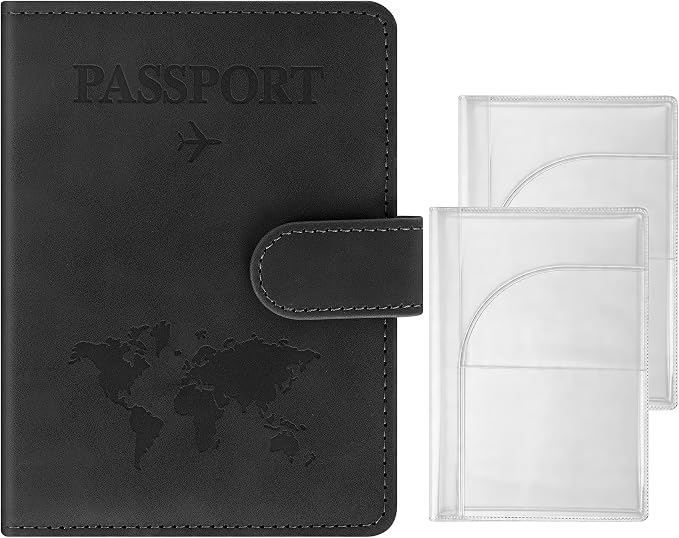 3-Pack Passport Holder + 2 PVC Covers, RFID, PU Leather(Black) | Waterproof,scratchproof, dustproof. Lightweight, slim. Keeps cards & travel docs organized for men & women