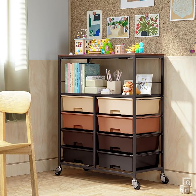 Rolling Storage Cart with 8 Large Drawers, Wooden Tabletop | Open Storage Shelves, Mobile Craft Organizer with Lockable Wheels for Home, Classroom, Office Supplies & Art Studio,Brown