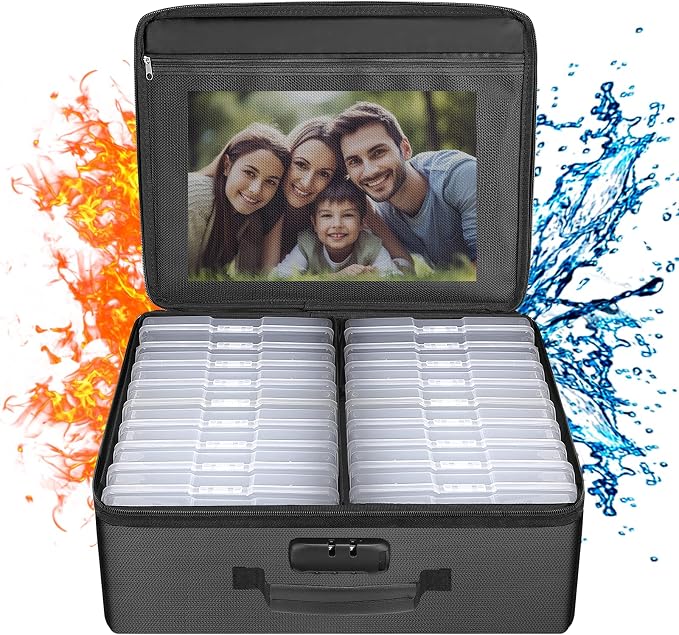 ENGPOW Photo Storage Box with 18 Inner 4" x 6" Photo Case(Clear), Fireproof Photo Organizer with Lock, Collapsible Portable Acid-Free Photo Keeper Craft Storage with Handles for Home, Office, travel