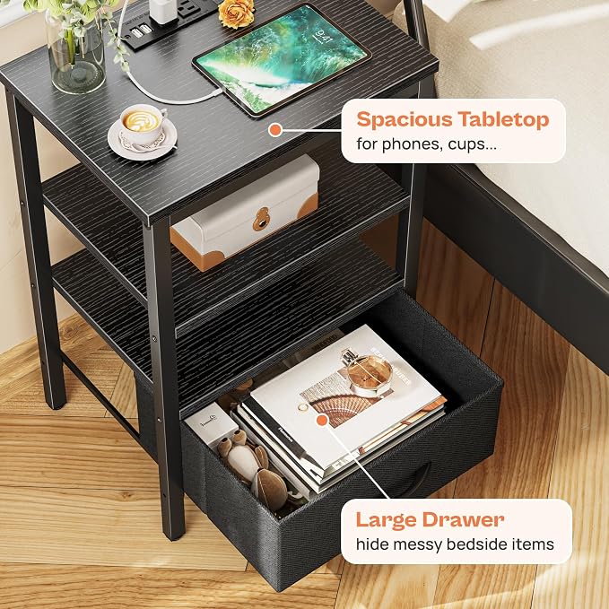 SUPERJARE Nightstand Set of 2 with Charging Station, USB-C Port, End Tables | Night Stand for Bedroom, with Adjustable Fabric Drawer, 3-Tier Storage Bedside Tables for Living Room, Black